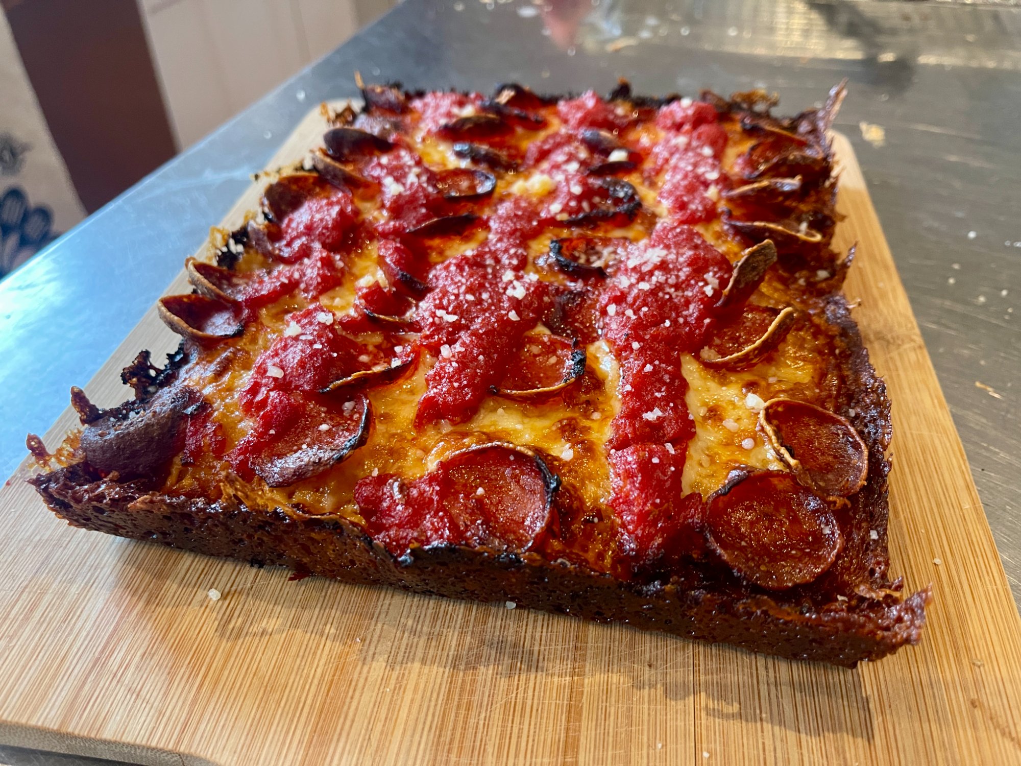 Old Friend Detroit-style pizza — caramelized cheese crown, cup and char pepperoni